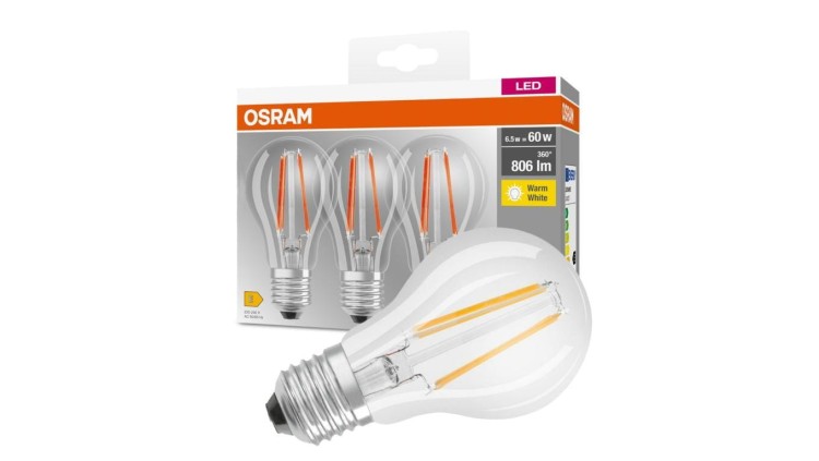 3PAK Żarówka LED E27 A60 6,5W = 60W 806lm 2700K Ciepła 360 OSRAM