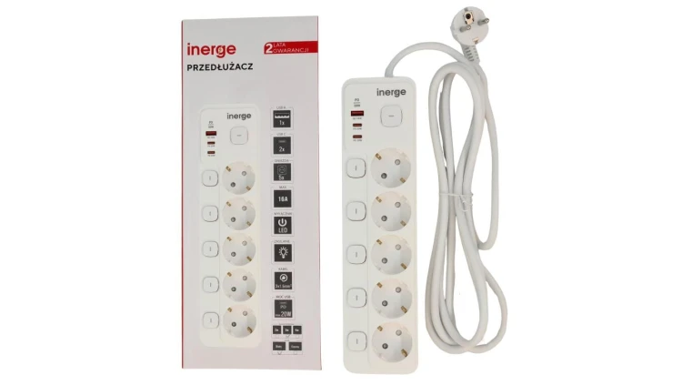 Przedłużacz INERGE 5-gniazdowy 3m ECE-0522PD-03-W