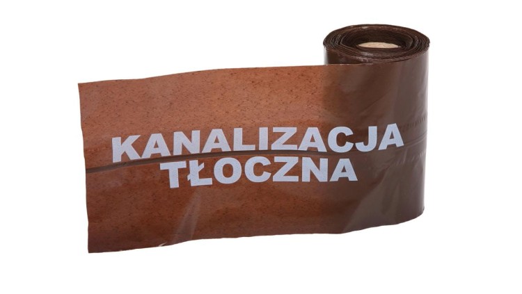 Taśma ostrzegawcza brązowa z wkładką metalową lokalizacyjna szer. 20 cm nadruk Kanalizacja Tłoczna /100m