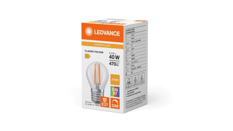 Żarówka LED P45 E27 4.2W = 40W 470lm 2700K Ciepła Biała FILAMENT ŚCIEMNIALNA LEDVANCE