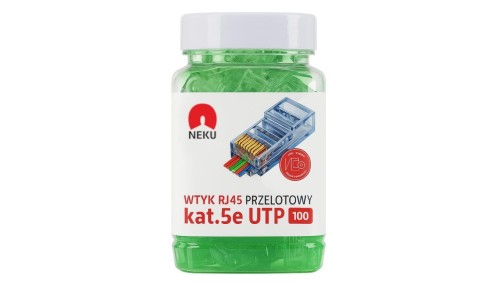 Wtyk modularny RJ45 8P8C kat.5e nieekranowany UTP uniwersalny drut linka przelotowy zielony NEKU opakowanie SŁOIK 100szt.