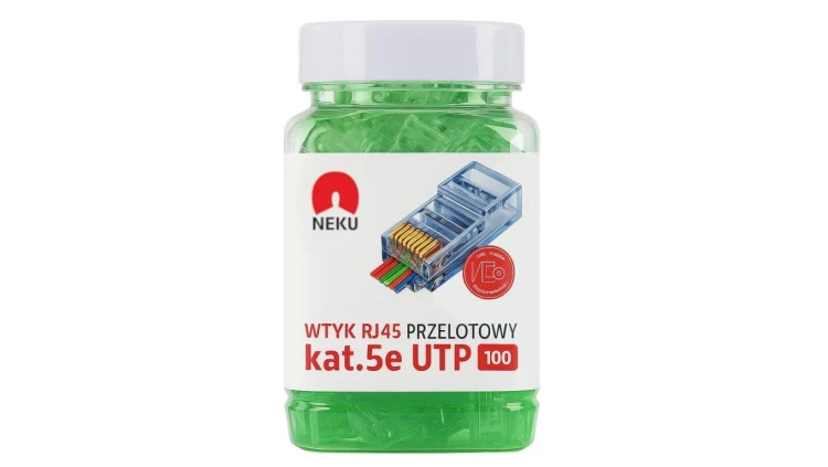 Wtyk modularny RJ45 8P8C kat.5e nieekranowany UTP uniwersalny drut linka przelotowy zielony NEKU opakowanie SŁOIK 100szt.