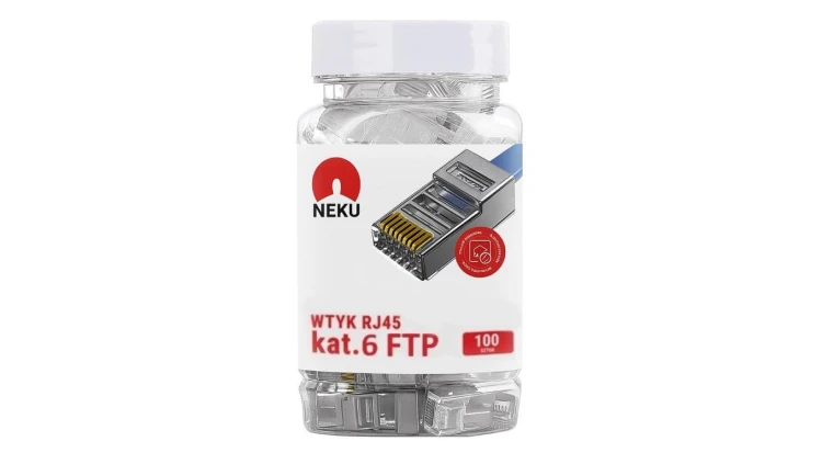 Wtyk modularny RJ45 8P8C kat.6 ekranowany FTP uniwersalny drut linka NEKU opakowanie SŁOIK 100szt.