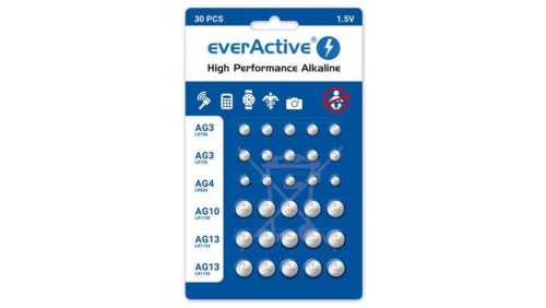 zestaw 30 sztuk baterii alkalicznych mini everActive 10 x G3 / LR41, 5 x G4 / LR626, 5 x G10 / LR1130, 10 x G13 / LR1154