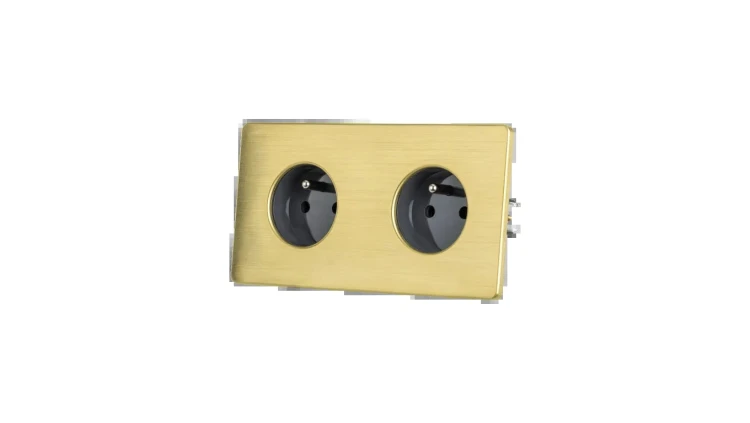 Gniazdko elektryczne szare podwójne ramka stal szczotkowana PVD Brass GN-SNPBR02S
