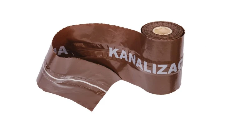 Taśma ostrzegawcza brązowa z wkładką metalową lokalizacyjna szer. 20 cm nadruk Uwaga Kanalizacja /100m