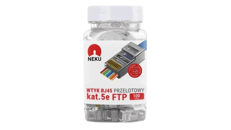 Wtyk modularny RJ45 8P8C kat.5e ekranowany FTP uniwersalny drut linka przelotowy NEKU opakowanie SŁOIK 100szt.