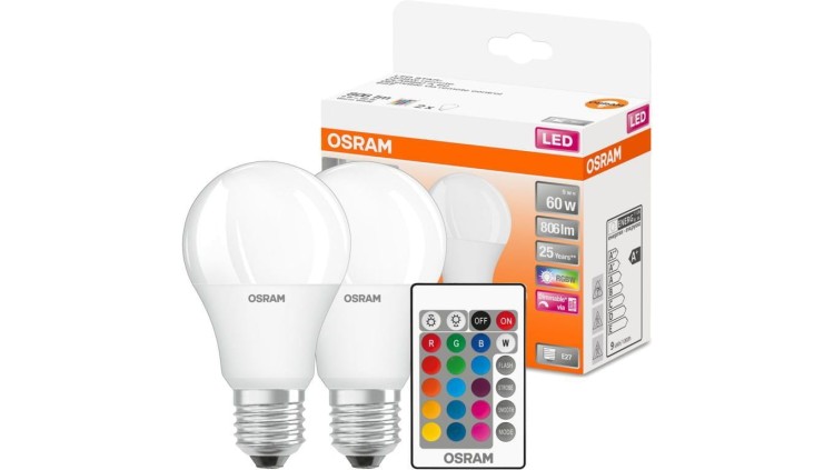 2x Żarówka LED A60 E27 9W = 60W 806lm RGBW 180 OSRAM Star + Pilot klasa F