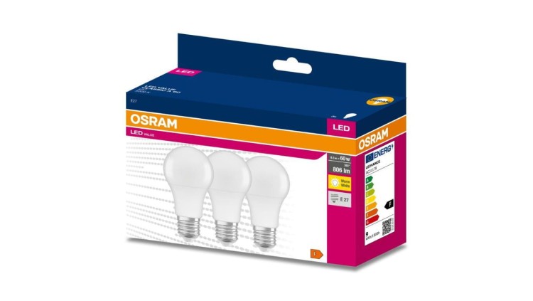 3PAK Żarówka LED E27 A60 8,5W = 60W 806lm 3000K Ciepła 200 OSRAM VALUE