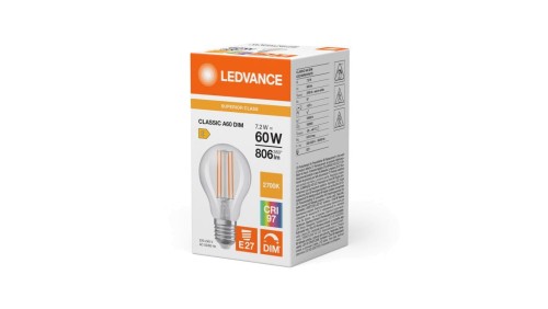 Żarówka LED A60 E27 7.2W = 60W 806lm 2700K Ciepła Biała FILAMENT ŚCIEMNIALNA LEDVANCE