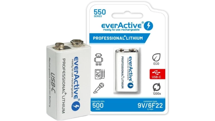 Akumulatorek 6F22 Li-Ion everActive 9V 550mAh z gniazdem USB-C