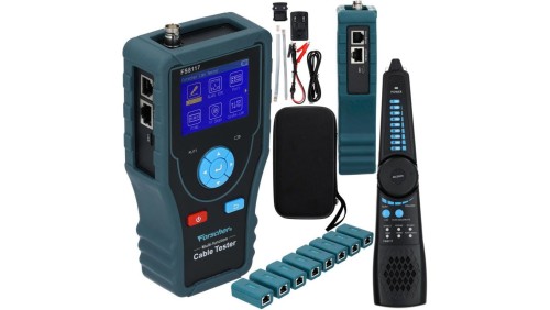 Tester kabli sieciowych RJ45 PREMIUM + 8 terminatorów z funkcją Lokalizatora Par, pomiaru PoE i długości przewodu FORSCHER FS811