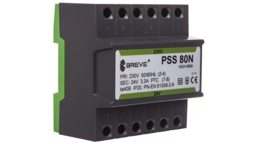 Transformator 1-fazowy modułowy bezpieczeństwa PSS 80N 230/ 24V 3,3A, na szynę DIN, IP20, Ta 40, 16024-9889