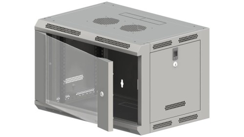 Szafa rack wisząca 19 cali 6U 600x600, niedzielona, drzwi szklane, kolor szary FLAT PACK
