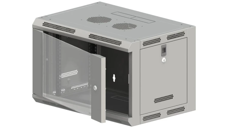 Szafa rack wisząca 19 cali 6U 600x600, niedzielona, drzwi szklane, kolor szary FLAT PACK
