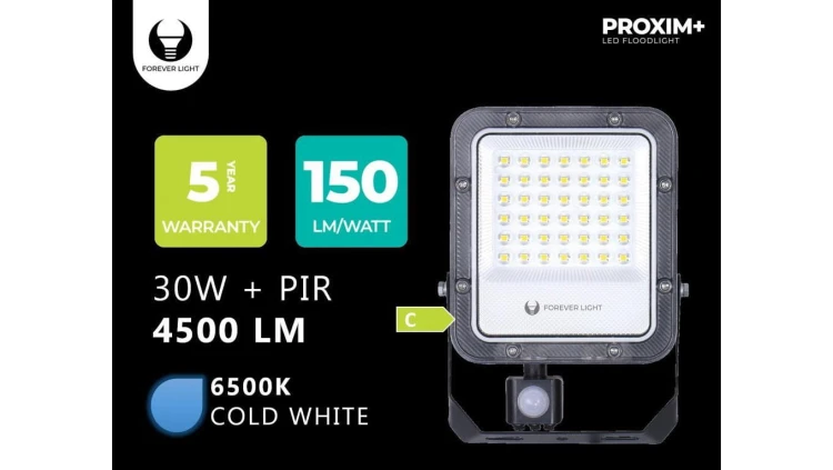 Naświetlacz LED PROXIM+ 30W 6500K 4500lm PIR 230V IP65 Forever Light 150lm/W 5 LAT GWARANCJI