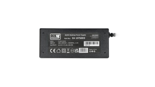 Zasilacz wtyczkowy desktop 12V 5A 60W uniwersalny DC 2,1/5,5 bez przewodu MW Power