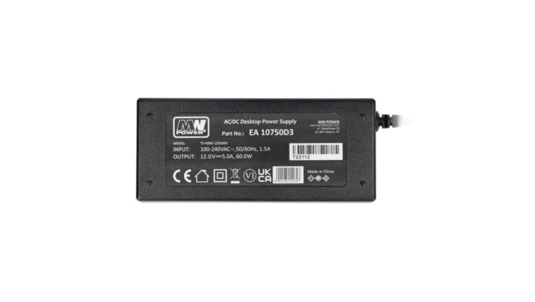 Zasilacz wtyczkowy desktop 12V 5A 60W uniwersalny DC 2,1/5,5 bez przewodu MW Power