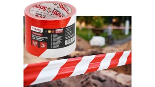 Taśma ostrzegawcza biało-czerwona foliowa budowlana BHP 75mm 100m SCHMITH