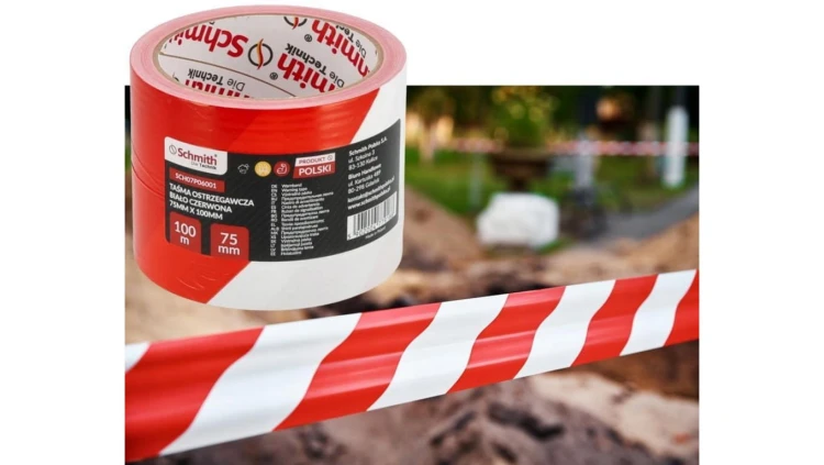 Taśma ostrzegawcza biało-czerwona foliowa budowlana BHP 75mm 100m SCHMITH