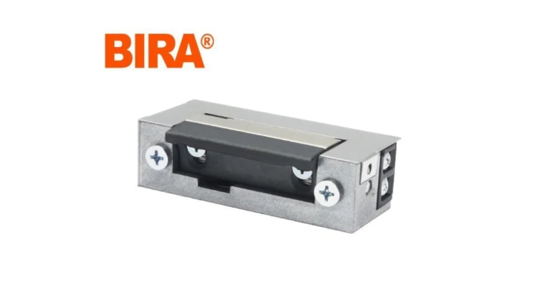 Elektrozaczep BIRA ES1-008 do furtek, ze stalowym zaczepem, niskoprądowy z pamięcią i wyłącznikiem 12V DC