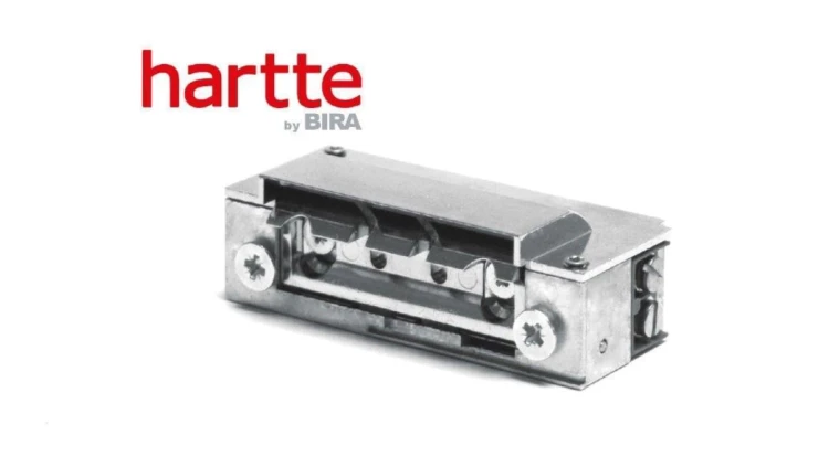 Elektrozaczep Hartte XS00U-BC niskoprądowy wąski ze wzmocnioną sprężyną i wyślizgiem oraz uniwersalnym zasilaniem 12-24V AC/DC