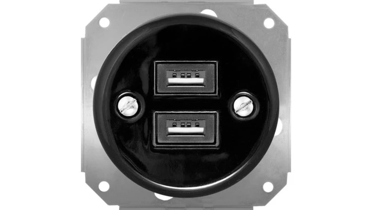 Gniazdo USB podwójne 3.2A Retro ceramic bez ramki, czarne