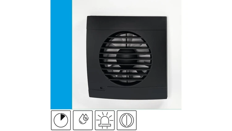 Wentylator domowy Vulkan RS100HT+ Onyx czujnik wilgotności i timer, klapka zwrotna, kontrolka LED, fi 100 mm, kolor czarny
