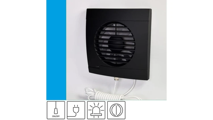 Wentylator domowy Vulkan RS100+ Onyx klapka zwrotna, przewód z wtyczką, kontrolka LED, fi 100 mm, kolor czarny