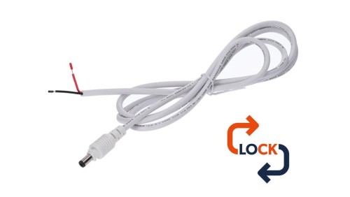 Wtyk DC 5.5x2.1 przewód biały 150cm 22awg z blokadą