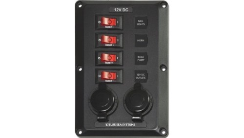 Panel Wyłączników Blue Sea BelowDeck – 4 obwody + 2 gniazda 12V
