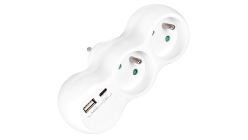 Rozgałęźnik sieciowy 2 gniazda French z uziemieniem + USB-C 2.4A + USB-A 2.4A VA0358 VAYOX