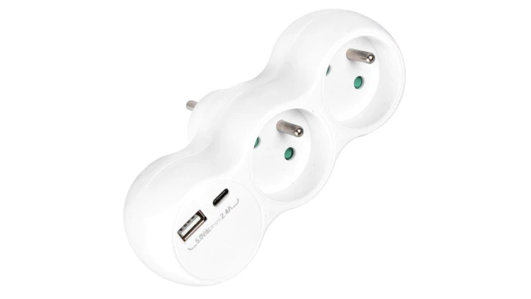 Rozgałęźnik sieciowy 2 gniazda French z uziemieniem + USB-C 2.4A + USB-A 2.4A VA0358 VAYOX