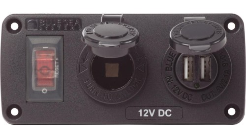 Wodoodporny Panel Blue Sea – Wyłącznik 15A, Gniazdo 12V, Ładowarka USB 2.1A