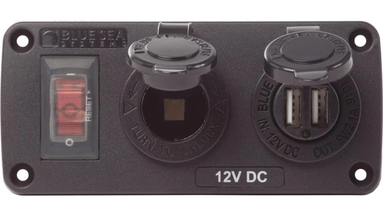 Wodoodporny Panel Blue Sea – Wyłącznik 15A, Gniazdo 12V, Ładowarka USB 2.1A