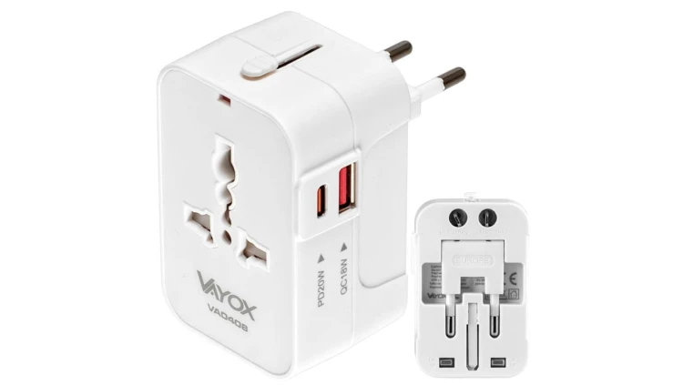 Ładowarka podróżna UK/US/EU/AU, USB-A, USB-C (PD20W) 100-240Vac 6A, 1500W VA0408 Vayox