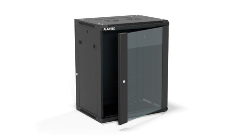 Szafa rack wisząca 19 cali 15U 600x450, drzwi szklane, tył i osłony boczne demontowalne, FLAT PACK kolor czarny ALANTEC