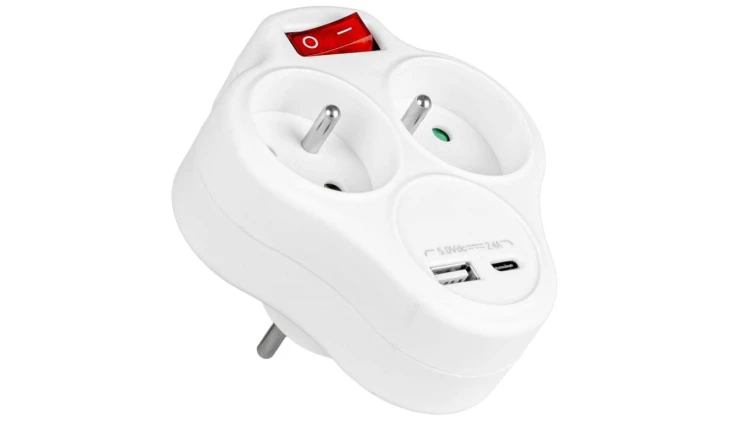 Rozgałęźnik 2 gniazda French z uziemieniem i włącznikiem + USB-C + USB-A VA0284 VAYOX