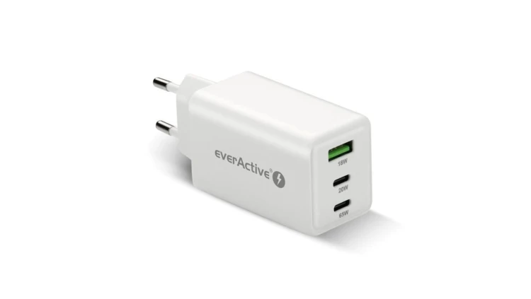 Ładowarka sieciowa everActive GaN SC-655Q z gniazdem USB oraz 2x USB-C PD PPS QC4+ 65W
