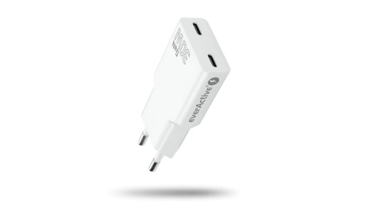 Ładowarka sieciowa everActive GaN SUPER SLIM SC-385Q z dwoma gniazdami USB-C PD 30W