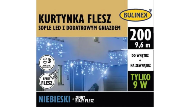Lampki Bulinex 200led niebieskie 9,60m kurtyna sople flesz