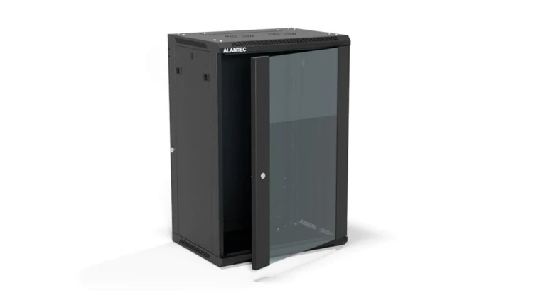 Szafa rack wisząca 19 cali 18U 600x450, drzwi szklane, tył i osłony boczne demontowalne, ZŁOŻONA kolor czarny ALANTEC