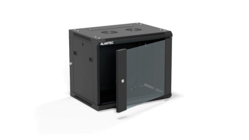 Szafa rack wisząca 19 cali 9U 600x450, drzwi szklane, tył i osłony boczne demontowalne, FLAT PACK kolor czarny ALANTEC