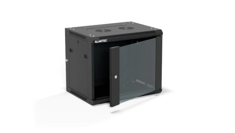 Szafa rack wisząca 19 cali 9U 600x450, drzwi szklane, tył i osłony boczne demontowalne, FLAT PACK kolor czarny ALANTEC