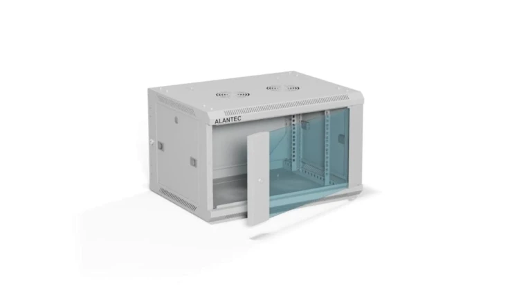 Szafa rack wisząca 19 cali 6U 600x450, drzwi szklane, tył i osłony boczne demontowalne, FLAT PACK kolor szary ALANTEC