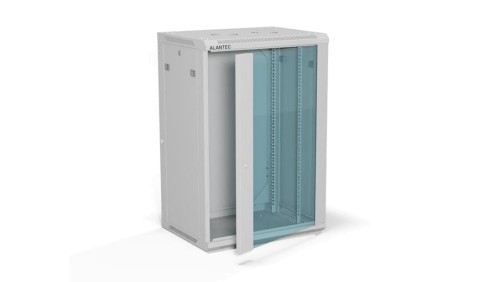 Szafa rack wisząca 19 cali 18U 600x450, drzwi szklane, tył i osłony boczne demontowalne, ZŁOŻONA kolor szary ALANTEC