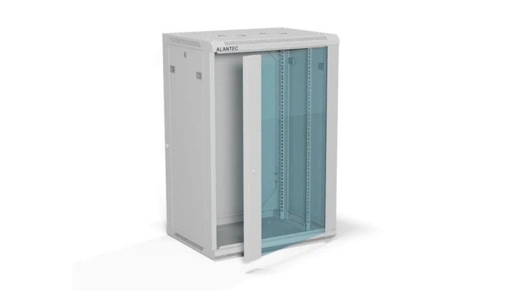 Szafa rack wisząca 19 cali 18U 600x450, drzwi szklane, tył i osłony boczne demontowalne, ZŁOŻONA kolor szary ALANTEC