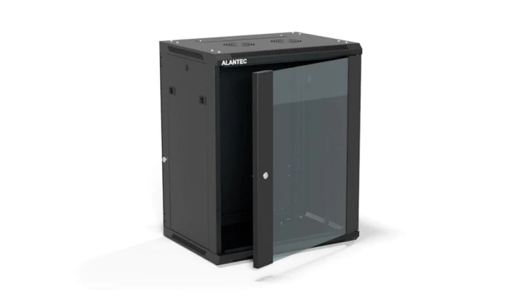 Szafa rack wisząca 19 cali 15U 600x450, drzwi szklane, tył i osłony boczne demontowalne, ZŁOŻONA kolor czarny ALANTEC