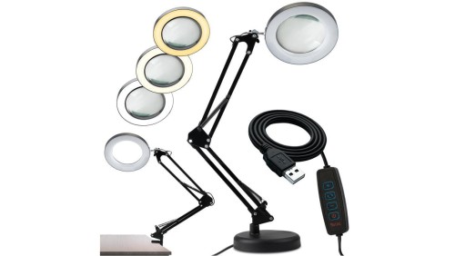 Lampka Biurkowa LED 8W CCT Kreślarska Stołowa 3x Szkło Powiększające Lupa LUCA 2 Czarna LUMILED