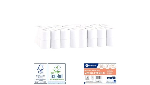 Papier MERIDA Premium biały średnica 10,5 cm długość 27,5 m 3-warstwowy worek 64 szt. PPB501